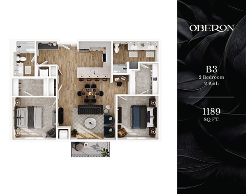 Floor plan for 2 beds, 2 baths, 1189 sqft